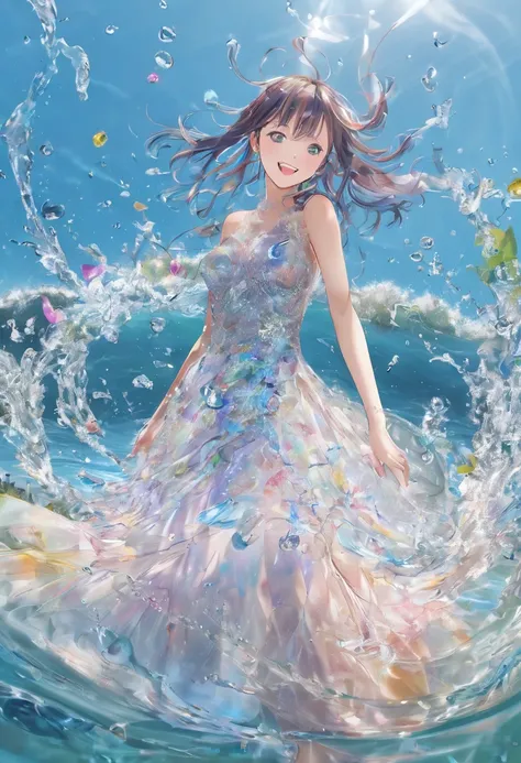 Anatomically correct, Winner of numerous awards, High resolution, masterpiece, High detail, pretty girl、waterのドレス、透明なwaterのドレス、Transparency、Sparkling Dress、smile、Uplifting、Vibrant、Run、Wind、water、colorful、Bright Picture