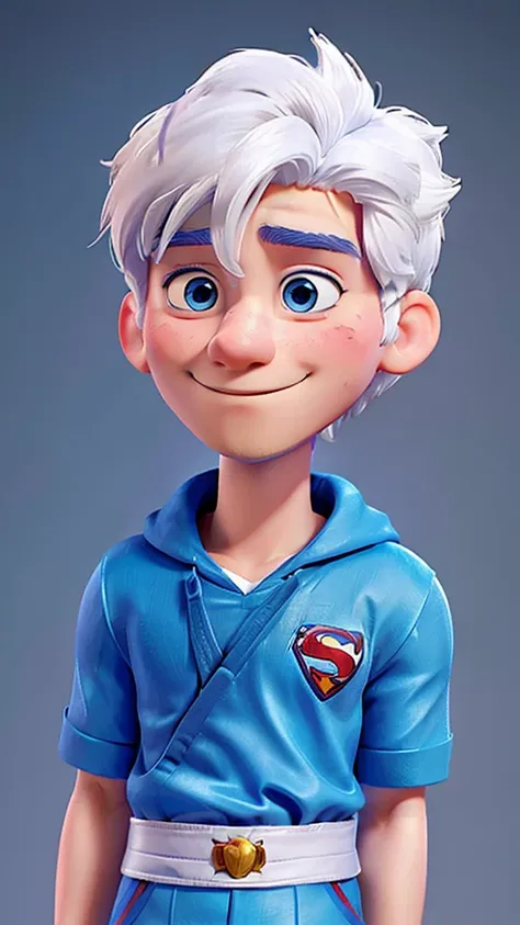 20 year old young man, white  hair, closed beard, blue colored eyes, in the style of Disney Super Heroes pixer Superman