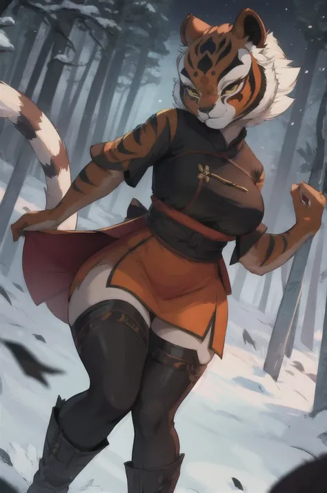 work of art, best qualityer, 1 girl, master Tigress, kung fu panda, shining skin, cinematic lighting, breasts big, looking ahead at viewer, Messy hair, tiger ears, tiger tail, dynamic pose, snowy forest at night, red chinese traditional clothes, white skir...