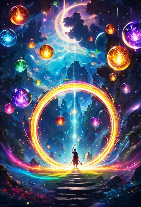 Wizards with magic sticks form a circle and are inside a mantra. Fantastic, colorful spheres of light are floating in the air.