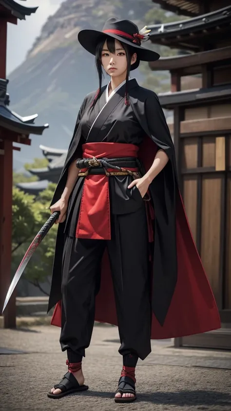 Create a young good looking girl with japanese style cloth old ages with a katana black hair red eyes and full body
with pants and a cape cooler cloth with stylish looks and an old hat like the ones samurais used to wear 