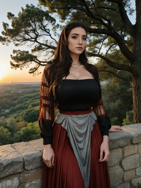 Gorgeous and sultry busty athletic (thin) brunette queen with sharp facial features wearing a modest updo, dark red medieval dress, long sleeves, intricate patterns, scrollwork, wide neck, crown, veil, long dress, modest dress, tight bodice, silver belt, (...