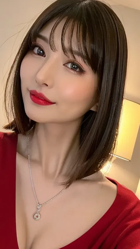 (Highest quality、On the table、8k、Best image quality、Award-winning works)、(Young girl, 14 years old:1.3)、(The perfect V-neck long red sweater:1.2)、(Red eyeshadow:1.2)、Perfect Makeup、Long eyelashes、Ultra HD Shining Eyes、Ultra HD Hair、Ultra-high resolution gl...