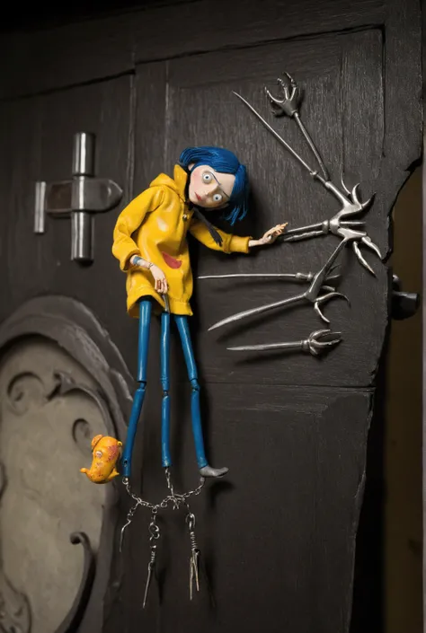 Coraline movie doll being grabbed by a metal claw in