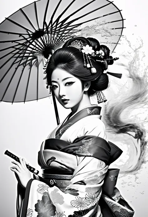 8k,Ink painting,Black and white painting,Beautiful detailed glass hair,splash,from behind,whole body,Oiran,luxurious makeup,(Gorgeous costumes,A kimono with a wide open back collar from the nape to the back:1.2),(Oiranの髪飾り,Big Barrel,Disheveled Hair),Large...