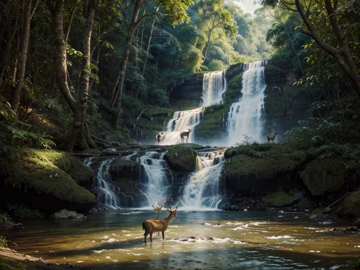 deer drinking in the river, with waterfall background and jungle surround, detailed art masterpiece, full color painting, masterpiece award wining art painting, 4k detailed painting, best quality color combination paint