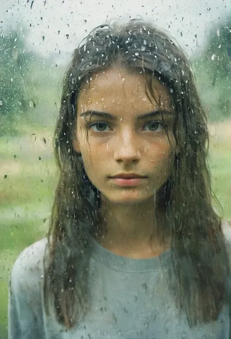 raindrops on the glass, a girl standing behind a window glass, looking at the camera through the window