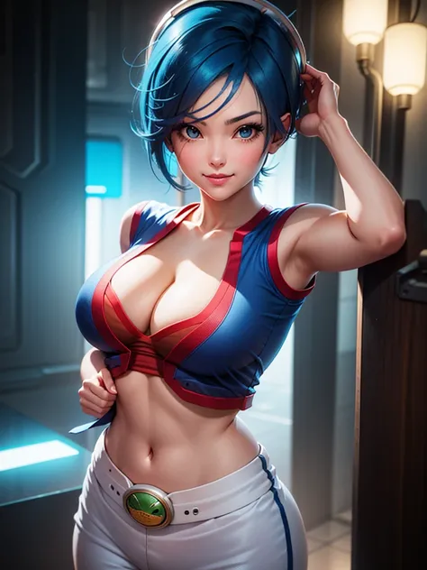 (at night), in a video game scene, a background of a beautiful city during the day raining, standing at attention, semi-short blue hair, goggles on top of her head, blue shirt on her chest, she has the face of a smiling frog type logo, has a long red scarf...