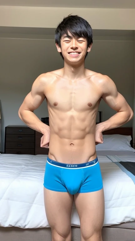 Japanese men、13 years old、Muscles and smooth skin、Very short black hair、Relaxed and friendly smile、Light blue thin boxer briefs、the whole body looks good、Laughing with your mouth open、