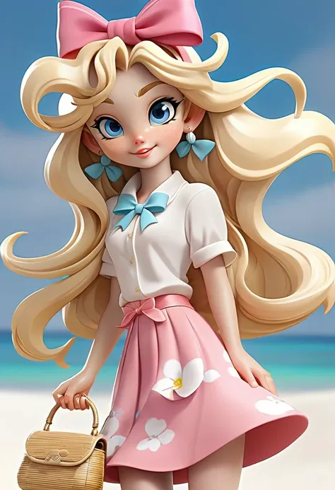 A character with the characteristics: long blonde hair white skin blue eyes a little white bow on her head with a pink top a pink beach skirt and a white bag a white sandal with a very happy face