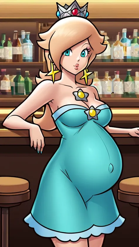 score_9, score_8_up, 1girl, solo, rosalina, style parody, thick outlines, blue dress, sleeveless, strapless, cleavage, indoors, bar, pregnant belly