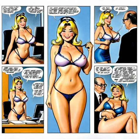 Erotic 6-panel comic, comic, 6 panels, office woman, style of Uderzo, fondling , lingerie, handjob