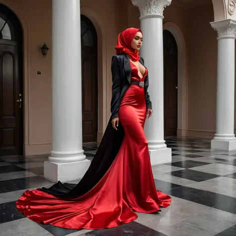 a woman in the translucent silk red gown, wear black blazer, satin sheet, nipple on with nipple piercing, wear modern hijab, full body, long satin, red satin 
 mermaid tight long gown, flowy dramatic long gown, tall women, strugle to walk, wear high heels,...