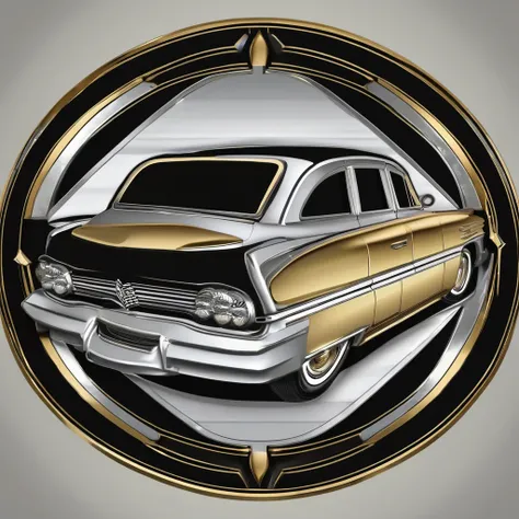 Emblem in the shape of a retro automobile, gold-colored and silver, with an uneven silver front, oval plate, patterned on a black background.