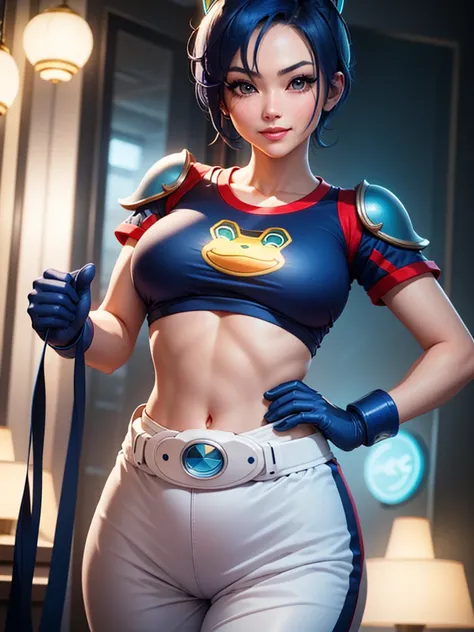 (at night), in a video game scene, a background of a beautiful city during the day raining, standing at attention, semi-short blue hair, goggles on top of her head, blue shirt on her chest, she has the face of a smiling frog type logo, big belt on the wais...