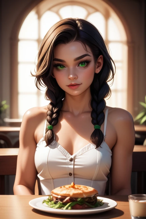 Hungarian woman with an athletic and toned physique; striking features with high cheekbones; green eyes; long, dark hair often styled in intricate braids; light olive skin; best quality; trending on artstation; complex volumetric lighting; strong shadows; ...