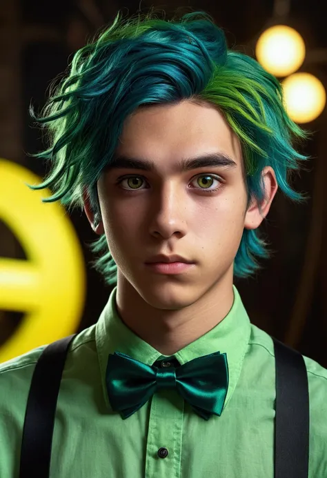 A 17 year old male teenager with a green jelly skin, brown eyes, blue and green hair, wearing a green shirt with black straps, black pants, and a yellow bowtie, fantasy art, detailed face, extremely detailed eyes, high quality, 8k, photorealistic, cinemati...