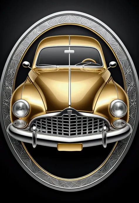 Emblem in the shape of a retro automobile, gold-colored and silver, with an uneven silver front, oval plate, patterned on a black background.