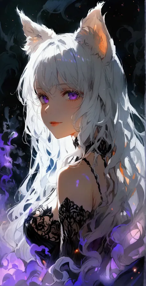 Knee-length wavy hair,White hair is charming, Detailed and precise manual work, Attractive girl, White cat ears,, Purple eyes and white eyelashes,Black Wings,Dark night sky，Dress, Smoke surrounds the body