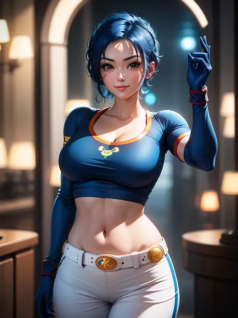 (at night), in a video game scene, a background of a beautiful city during the day raining, standing at attention, semi-short blue hair, goggles on top of her head, blue shirt on her chest, she has the face of a smiling frog type logo, big belt on the wais...