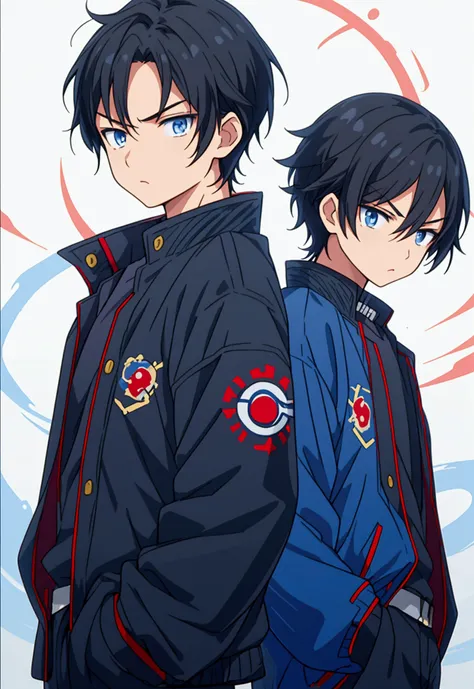 (Best quality), simple background, Japanese novel cover, a boy, short black hair, jacket, looking into the distance, missing his sister, blue jacket, fierce eyes,