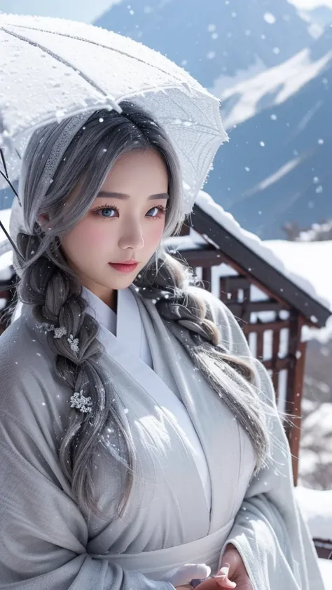 Snow Woman、Gray Hair、White kimono、long hair、Snow Mountain、Snowstorm