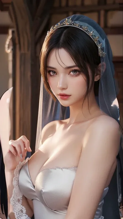 sakimichan style, wlop style, portrait, finely detailed face, beautiful woman, plump lips, opaque veil, medieval veil, headrail, 12th century, heterochromia eyes, iridescent eyes, medieval clothing, bliaut, lord of the rings gown, close to perfection, beau...