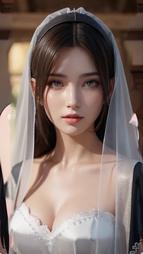 sakimichan style, wlop style, portrait, finely detailed face, beautiful woman, plump lips, opaque veil, medieval veil, headrail, 12th century, heterochromia eyes, iridescent eyes, medieval clothing, bliaut, lord of the rings gown, close to perfection, beau...