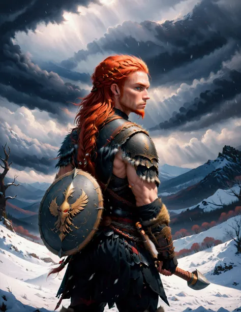 A digital illustration of a warrior seen from behind, Holding the handle of the short axe in one hand, the short axe is carried on the shoulder and a round shield is carried on the back. The warrior has long, braided red hair flowing in the wind. The scene...