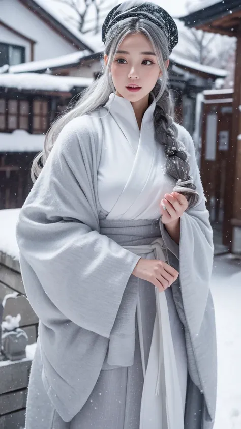 Snow Woman、Gray Hair、White kimono、long hair、Snowstorm