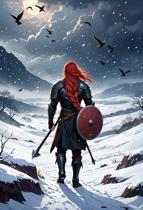 A digital illustration of a warrior seen from behind, Holding the handle of the short axe in one hand, the short axe is carried on the shoulder and a round shield is carried on the back. The warrior has long, braided red hair flowing in the wind. The scene...