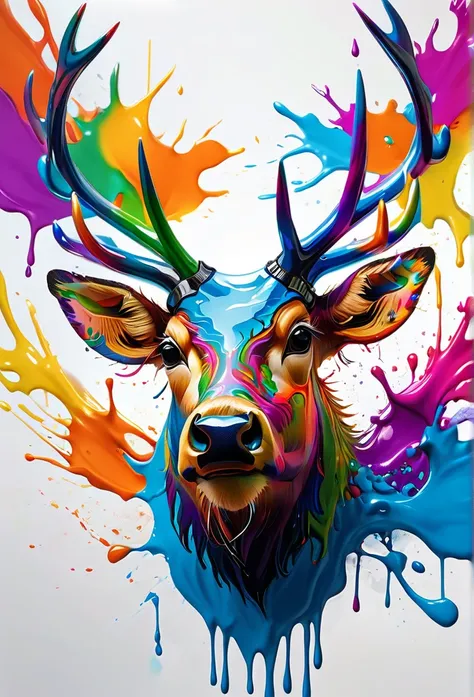 arte splash,  elk head, very detailed mane ((White background)), piercing eyes, Epic Instagram, art-station, splash style of colorful paint+, Contour, hyper-detailed intricately detailed, engine unreal, awesome, details Intricate, splashscreen, colors comp...