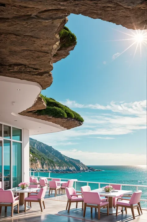 Create a digital artwork of a luxurious, futuristic seaside restaurant built into a rocky cliff. The design should feature a sleek, modern structure with smooth, rounded edges, predominantly in white and soft pink colors. Include large windows and outdoor ...