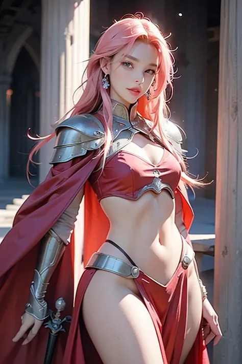 Reality, high resolution, 1 female, Glowing skin, solitary, Hips up, Tattoo, Jewelry, Pink lips, Pink long hair, blue eyes, Residence, castle, fully armed, Red Armor, cloak,