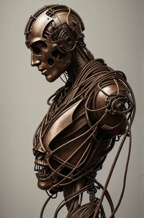 Draw a human-like being, the being is made of exposed flesh, metal and cables 