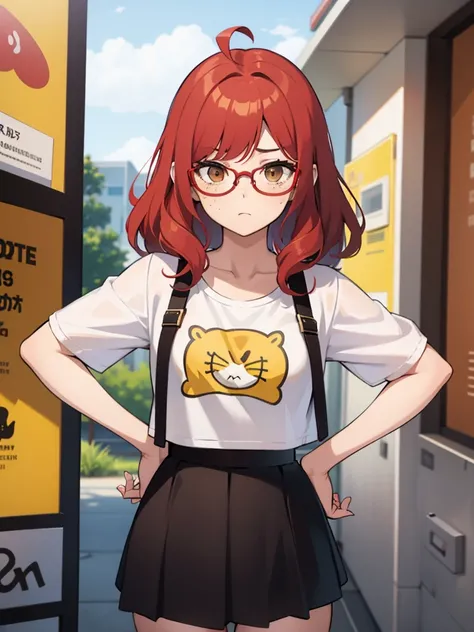 1 girl, Red hair, medium length hair, curly hair, freckles, mad face, circle glasses, yellow glasses, brown eyes,  body shape, short skirt, cropped bunny t-shirt