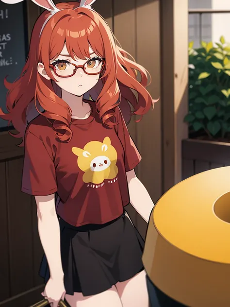 1 girl, Red hair, medium length hair, curly hair, freckles, mad face, circle glasses, yellow glasses, brown eyes,  body shape, short skirt, cropped bunny t-shirt