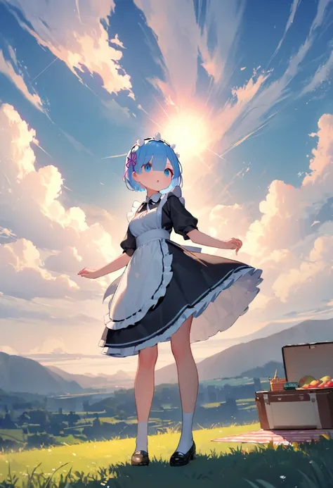 1girl, rem (re:zero), re:zero kara hajimeru isekai seikatsu, maid, maid dress, katyusha, standing on hilltop, panoramic view, dramatic clouds, crepuscular rays, picnic setup visible, outdoor picnic, late afternoon, masterpiece, best quality, absurdres

