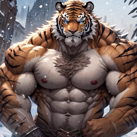 sweaty muscular torso naked snowing swan feathers heavy snow winter village furry anthropomorphic chest hair serious face（Scars on the face） Mature （blue eyes）Huge muscle ripped abs wild，Tiger of tribal ambition