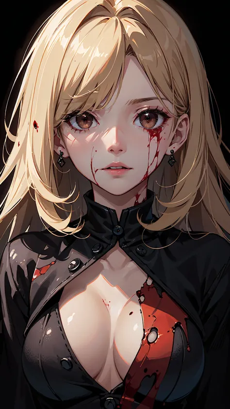 One, Blonde girl, scratched eye,  Bloody Eyes, Blind Eye, Filmography, Brown eyes, Scary face, Horror, despair, scratch, There is blood on the face, look up, masterpiece, Highest quality, Dark Background, night