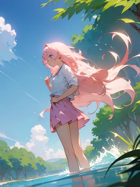 ((masterpiece, Highest)), (One girl), Light pink hair, long、Wave、Summer mini skirt、No underwear、Blue Eyes、The landscape is a botanical garden、Loose water、