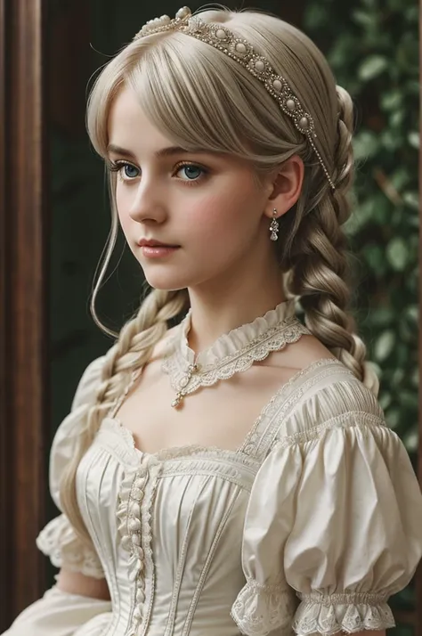 A cute and delicate girl with a hairstyle according to the Victorian era with platinum blonde hair color. You can mainly see her beautiful and elegant dress with a Victorian era theme., with accessories also from the Victorian era. That the structure is li...