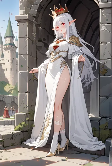 1girl, elf, crown, white hair, red eyes, medieval, royal robe, white dress, white dress, white socks, ornament, castle, masterpiece, high quality, high heels, detailed face, detailed body