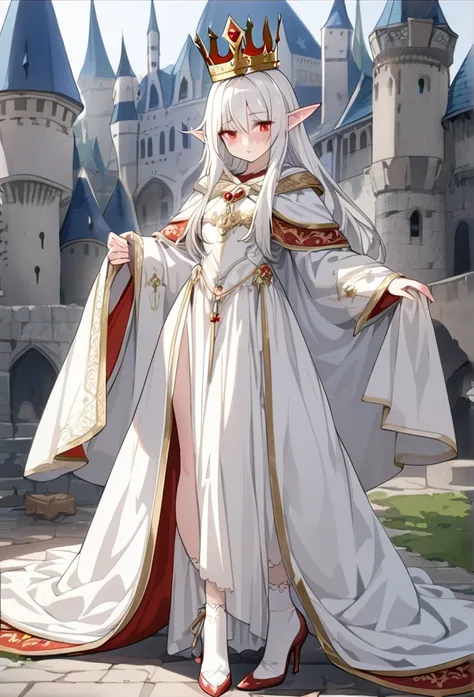 1girl, elf, crown, white hair, red eyes, medieval, royal robe, white dress, white dress, white socks, ornament, castle, masterpiece, high quality, high heels, detailed face, detailed body