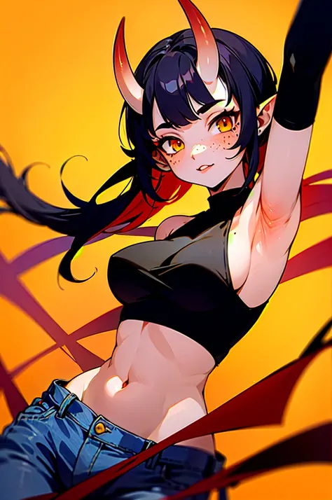 ((high quality)), ((masterpiece)), 8k, yellow eyes, red oni, simple background, long hair, mole under eye, red horns, oni horns, pointy ears, looking at viewer, skin-covered horns, flat breasts, tail, solo, demon girl, demon tail, 1girl, colored skin, frec...