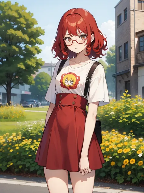 1 girl, Red hair, medium length hair, curly hair, freckles, mad face, circle glasses, yellow glasses, brown eyes, body shape, short skirt, cropped t-shirt