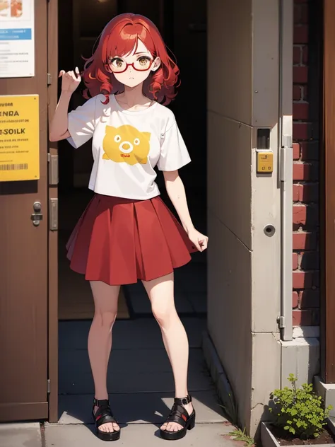 1 girl, Red hair, medium length hair, curly hair, freckles, mad face, circle glasses, yellow glasses, brown eyes, body shape, short skirt, cropped t-shirt