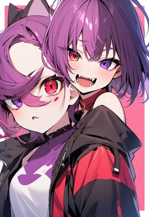 high resolution ,cute ,One Woman , Purple Hair, Two-tone red ,short hair , Fangs Beautiful Eyes ,Red and purple heterochromia ,♰Eyes and shoulders are protruding ,Jacket ,I&#39;m holding a sniper rifle