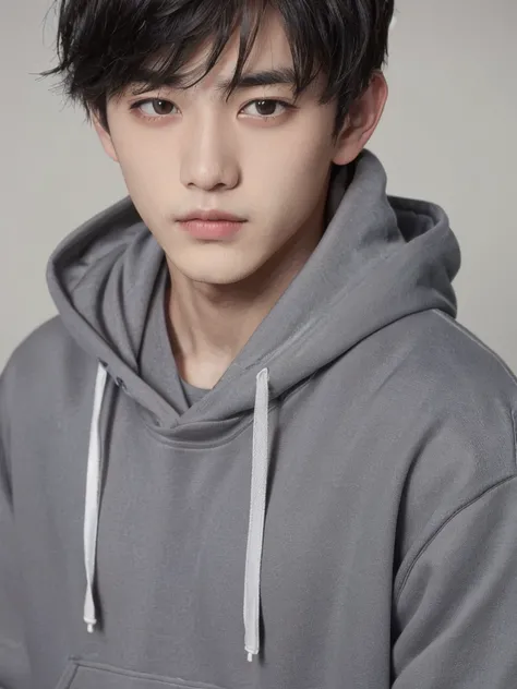 Masterpiece, high quality, close-up, one boy, black hair, black eyes, grey hoodie