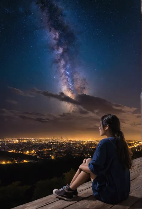 Octane, null, star (null), scenery, starry null, night, One girl, night null, alone, Outdoor, building, cloud, milky way, Sitting, wood, Long Hair, city, silhouette, cityscape